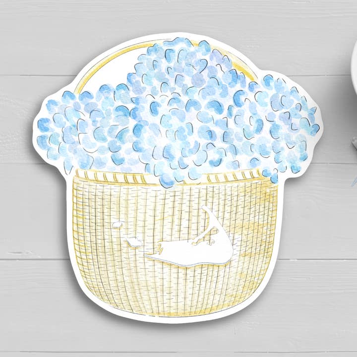WonderfullyWrittenCo - Wholesale Sticker - Blue Hydrangea Nantucket Basket with Map Watercolor Sticker0