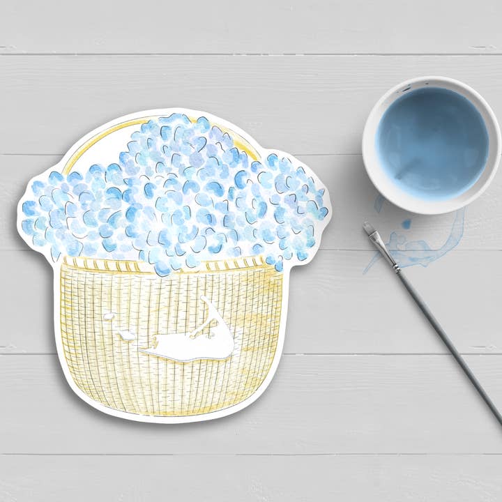 WonderfullyWrittenCo - Wholesale Sticker - Blue Hydrangea Nantucket Basket with Map Watercolor Sticker