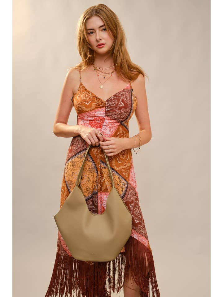 MULTI 37146D Patchwork Asymmetrical Fringe Hem Maxi Dress for wholesale on Faire3