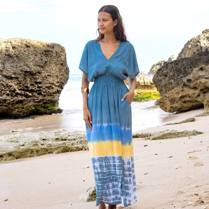 Suzie Blue Canada - Wholesale Dress - Women's - Beach Stripe & Tie Dye Maxi Dress In Grey3