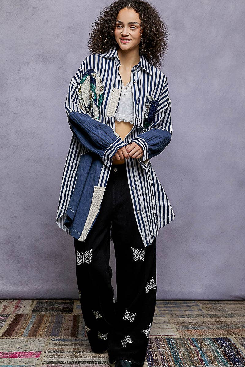 NAVY STRIPE Oversized Peace Patch Button Down Plaid Shirt Jacket for wholesale on Faire1