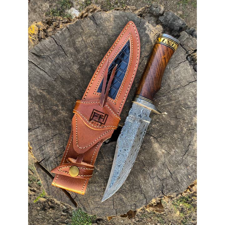 Handmade damascus knife with leather sheath, Brass work for wholesale by FH KNIVES