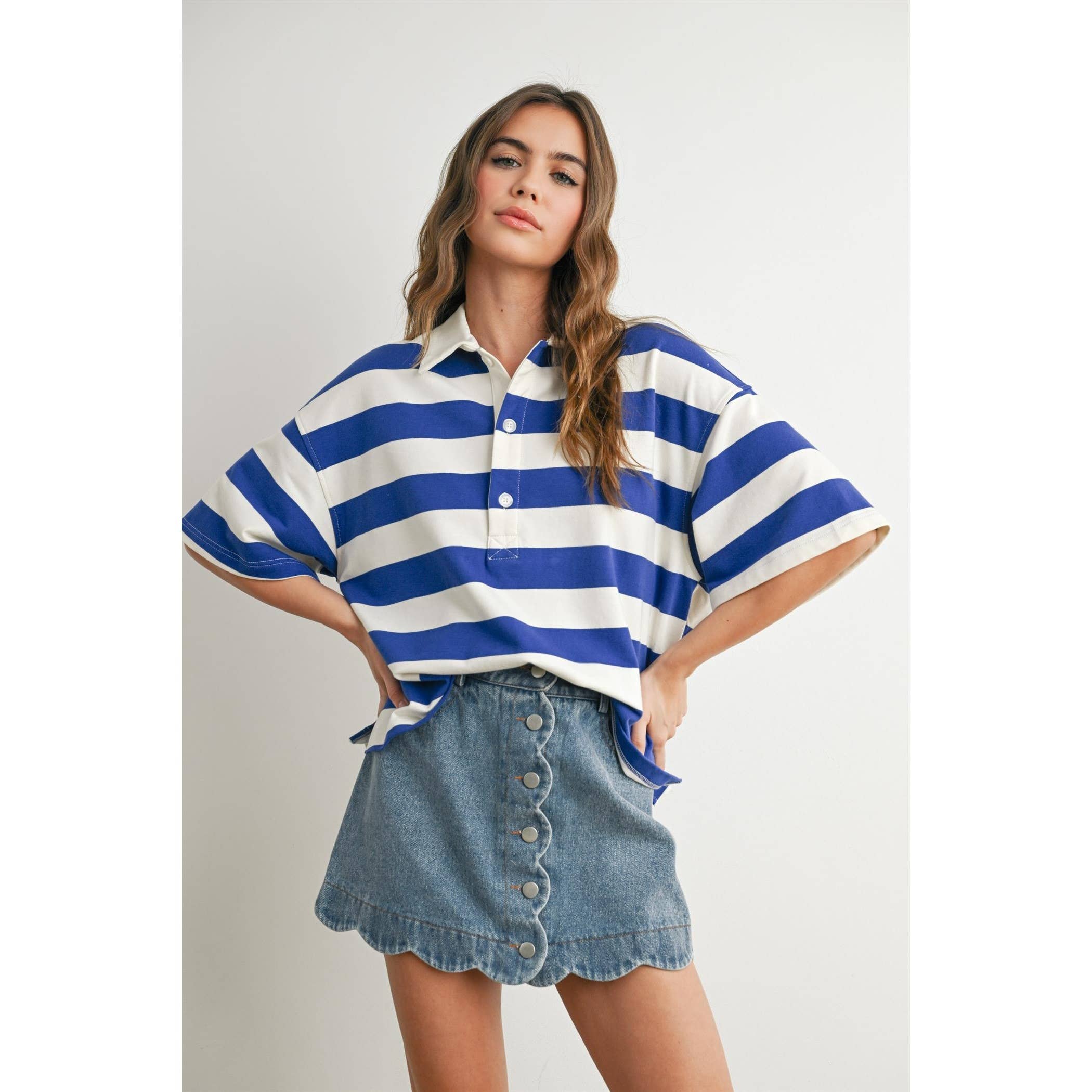 BUTTERMELON - Wholesale Polo - Women's - Striped Oversized Polo Shirt - BMT771035