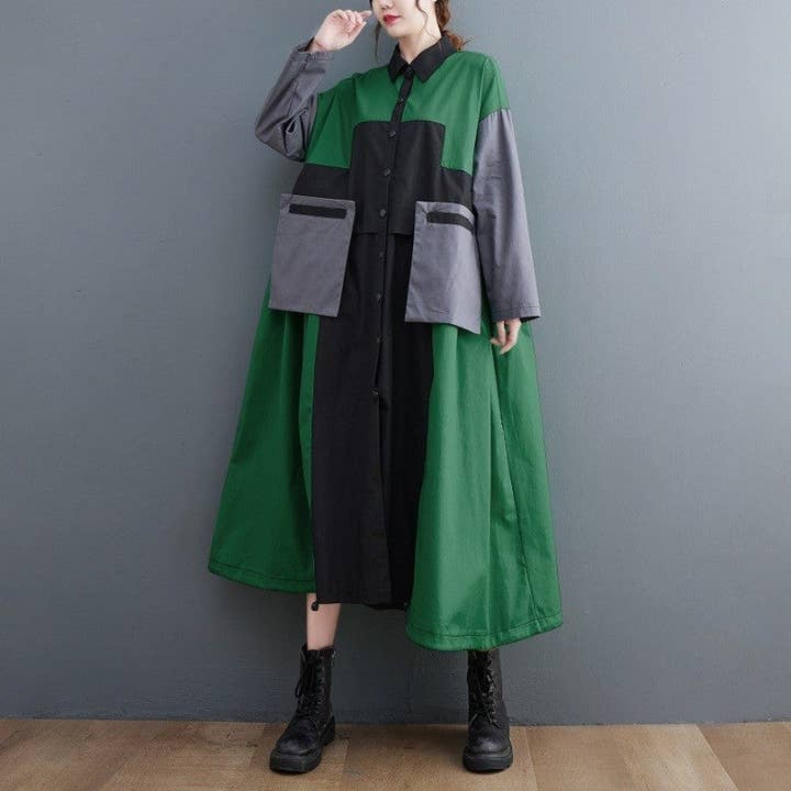 Colorblock Loose Long Trench Coat for wholesale by FurDecoration