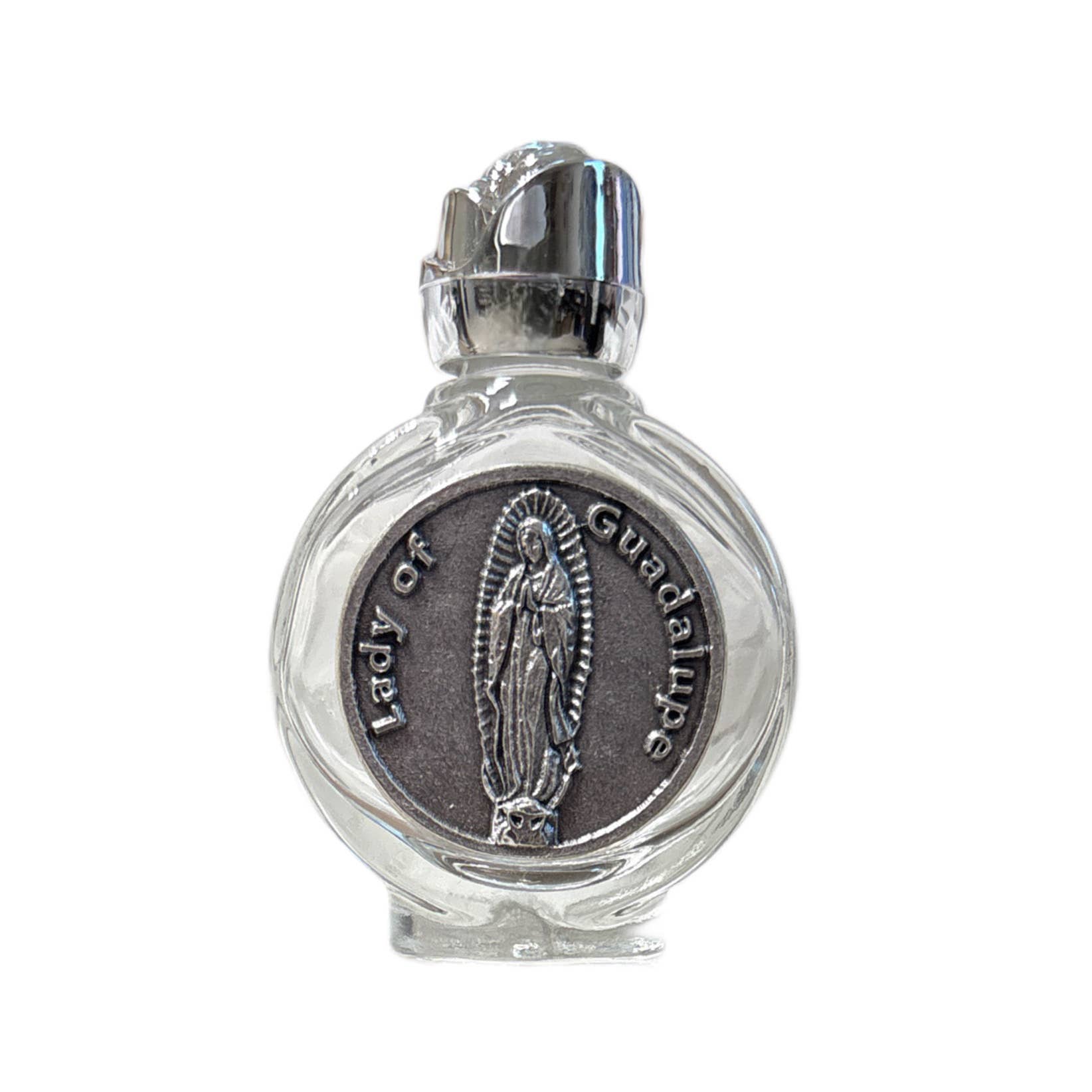 Oremus Mercy - Vente Flacon de voyage - Bouteille d'eau bénite - Notre-Dame de Guadalupe avec bouchon en forme de rose 2,5"0