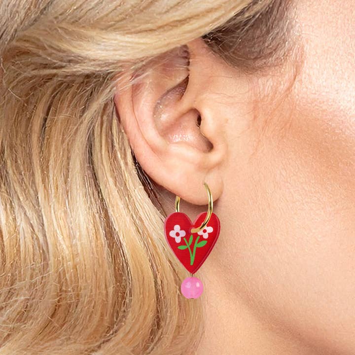 Natalie Lea Owen – Handmade Jewellery & Greeting Cards - Wholesale Hoop Earrings - Heart Dangle Earrings | Red Floral | Jewellery Gift for Her3