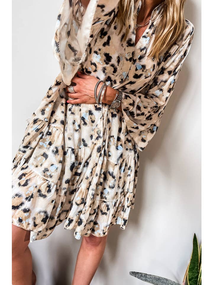 Khaki Leopardenkleid mit 3/4 Ärmeln und Rüschensaum für den Großhandel auf Faire