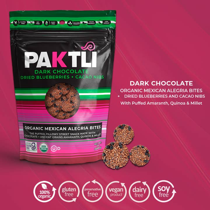 NEW Dark Chocolate Alegria Bites+Blueberries/Cacao Nibs for wholesale by Paktli Foods