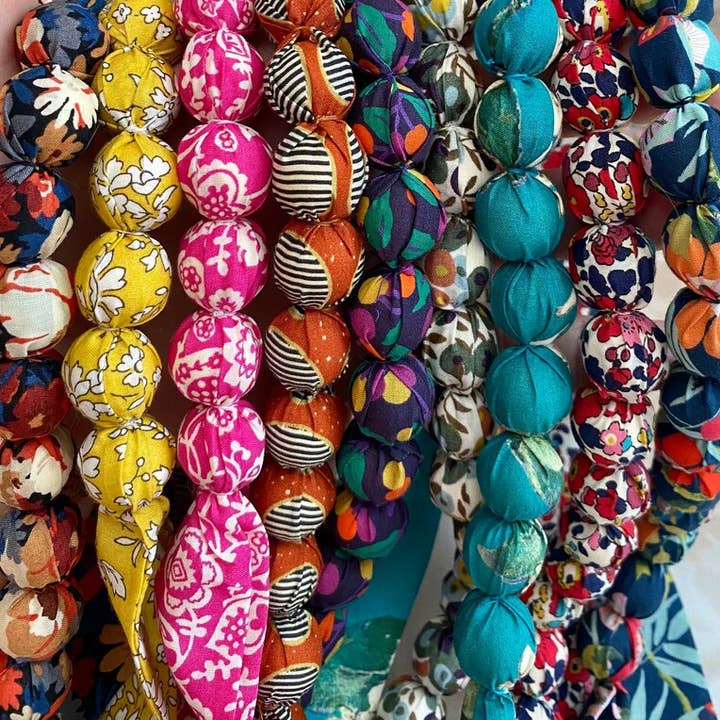 Mixed Selection Fabric Beaded Necklace made with Liberty Navy, Mustard for wholesale on Faire5