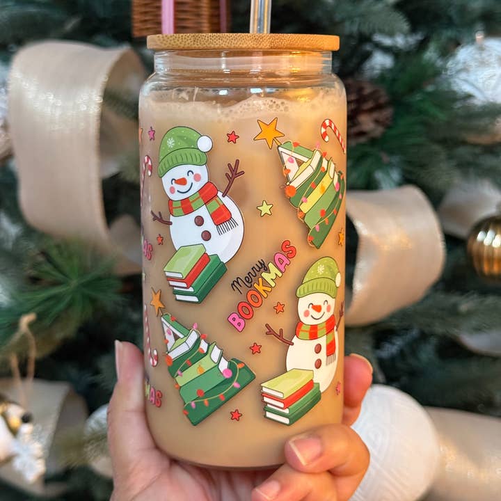 16 oz Bookish Christmas Glass Cup With Lid and Straw for wholesale by Jessdreams Creations LLC