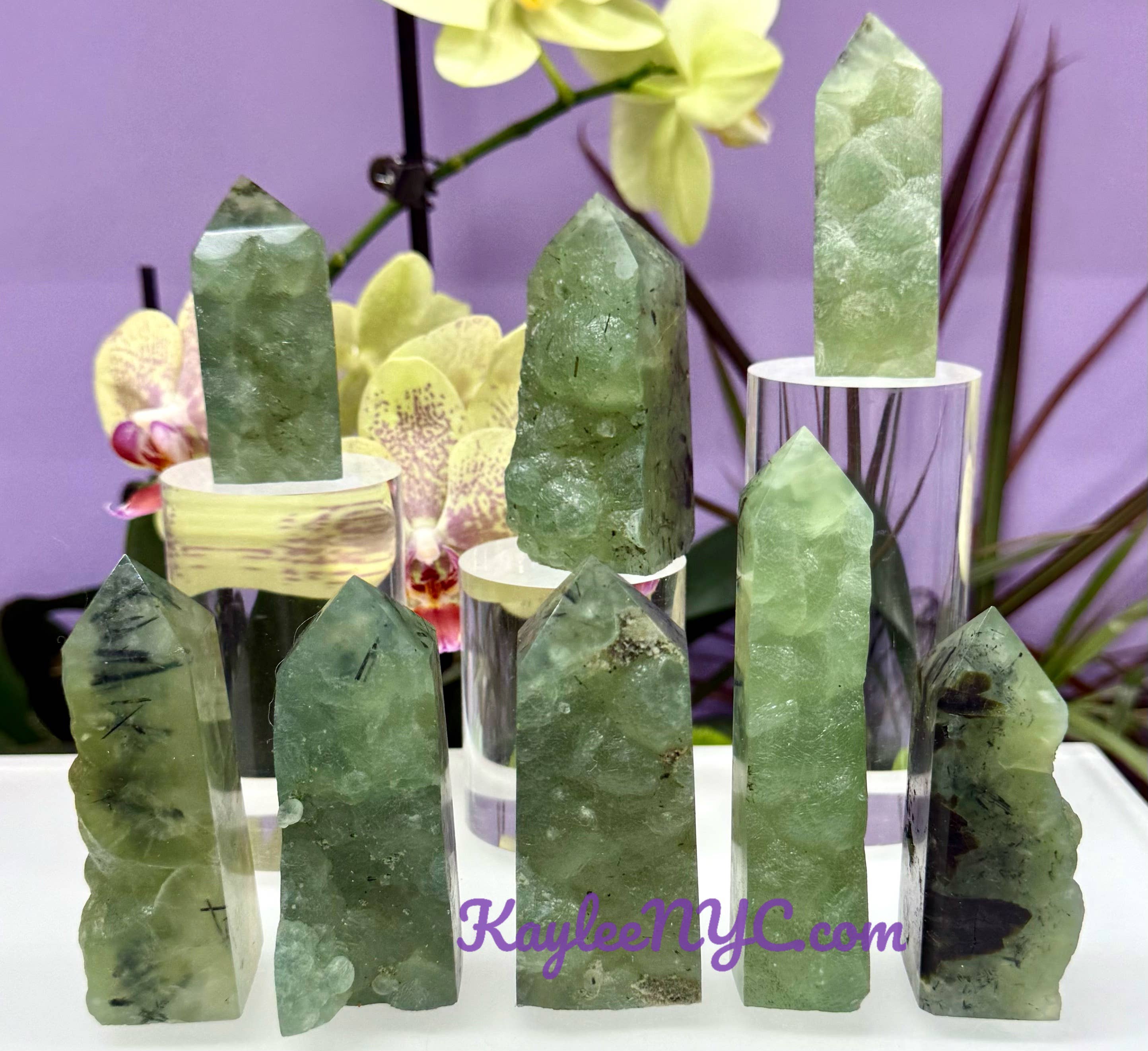 KayleeNYC – Pedra/cristal espiritual por atacado – 2 lbs Obelisco de Torre Semi-Bruto de Prehnite Natural com Epidoto2