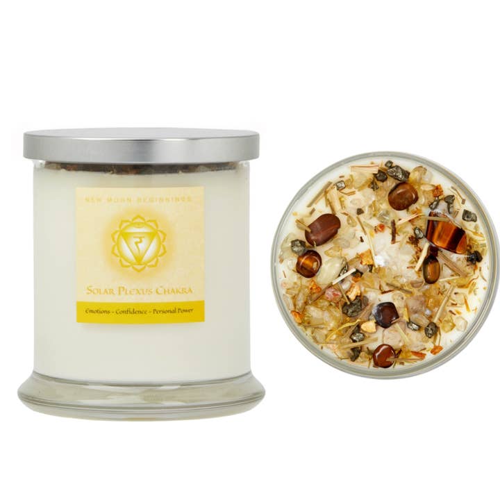 New Moon Beginnings - Wholesale Jar/Filled Candle - Seven Chakra Candles - Soy Candle - Herb & Crystal Candles24