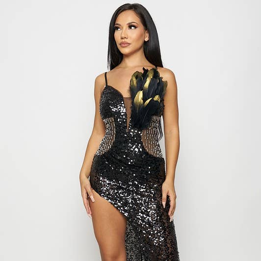 BDQS61949 Sequin Mesh Feather Maxi Dress - Sale and other Purchase Wholesale feather dresses. Free Returns & Net 60 Terms on Faire trending on Faire.