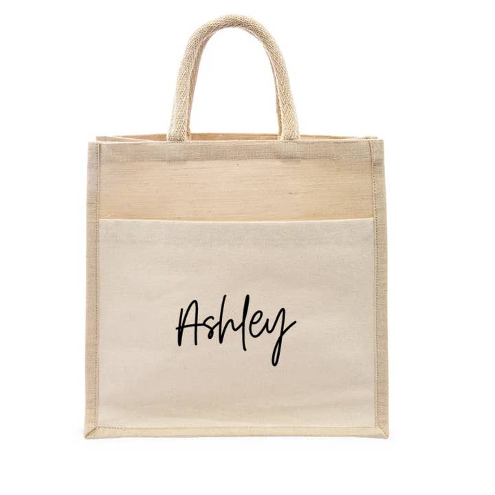 Weddingstar Inc. - Wholesale Tote Bag - Women's - Medium Woven Jute Tote Bag With Pocket - Script Font4