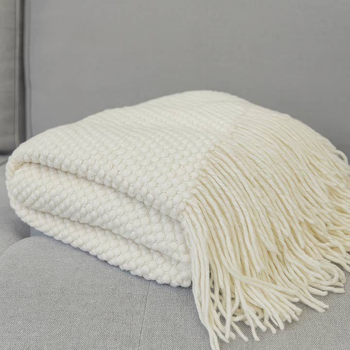 Manta de Malha Texturizada em Marfim com Franjas – 127 cm x 152 cm por atacado de Fennco Styles