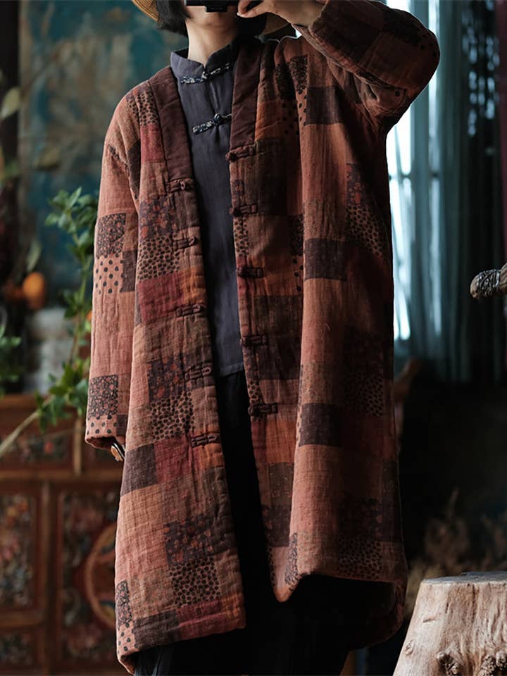 Women Winter Ethnic Floral Plaid Print 100%Cotton Coat for wholesale by StyleGalX