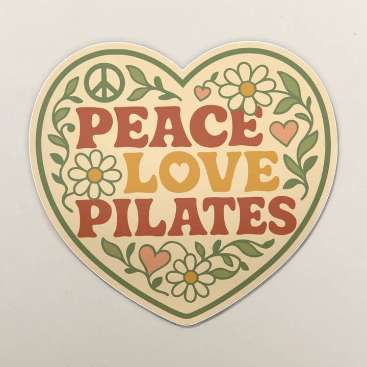 Peace Love Pilates Sticker: Heart-Shaped Waterproof Vinyl for wholesale by Flow State Supply Co.