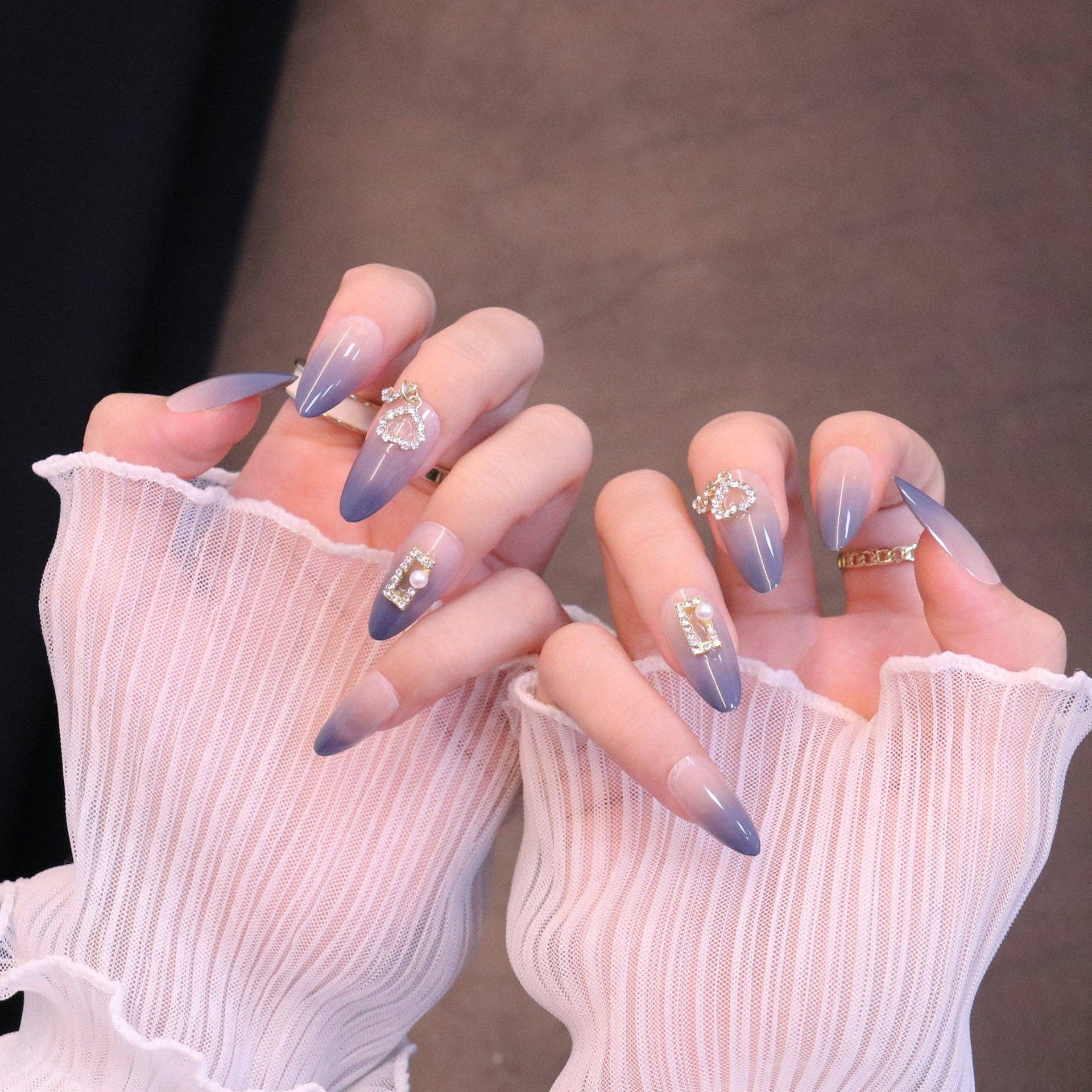 Many Colors Almond Periwinkle Press On Nails with Crystal Pendant Charm for wholesale on Faire3