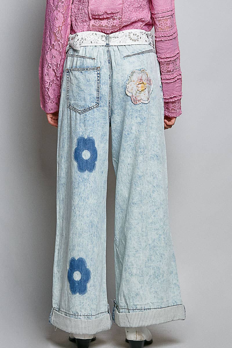 Pol Clothing - Wholesale Pants - Women's - Floral Patchwork Rolled-up Denim Straight Pants7