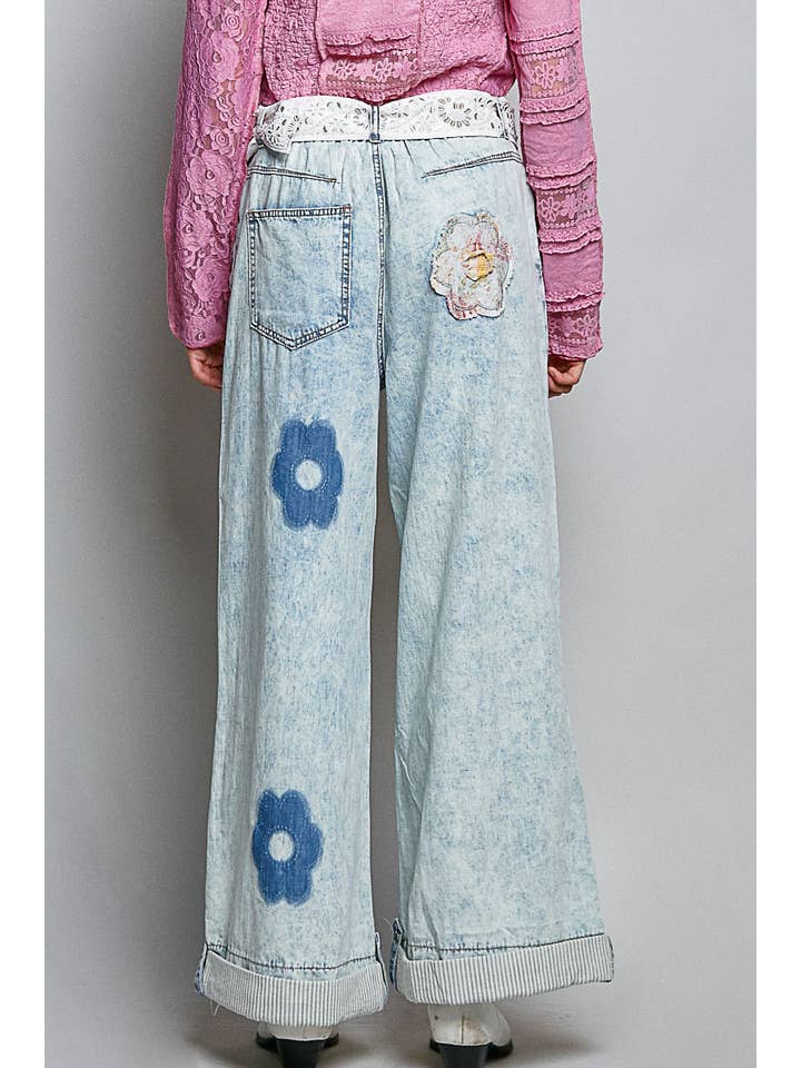 Pol Clothing - Wholesale Pants - Women's - Floral Patchwork Rolled-up Denim Straight Pants7