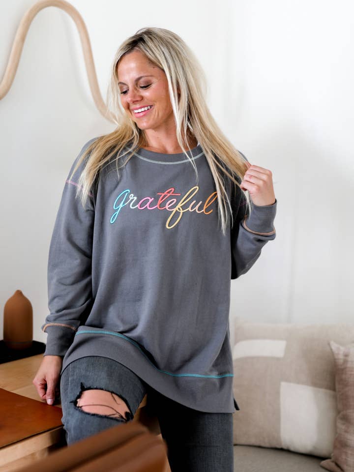 Grateful 3D Embroidery - Light Weight Stitch Sweatshirt for wholesale by Jadelynn Brooke