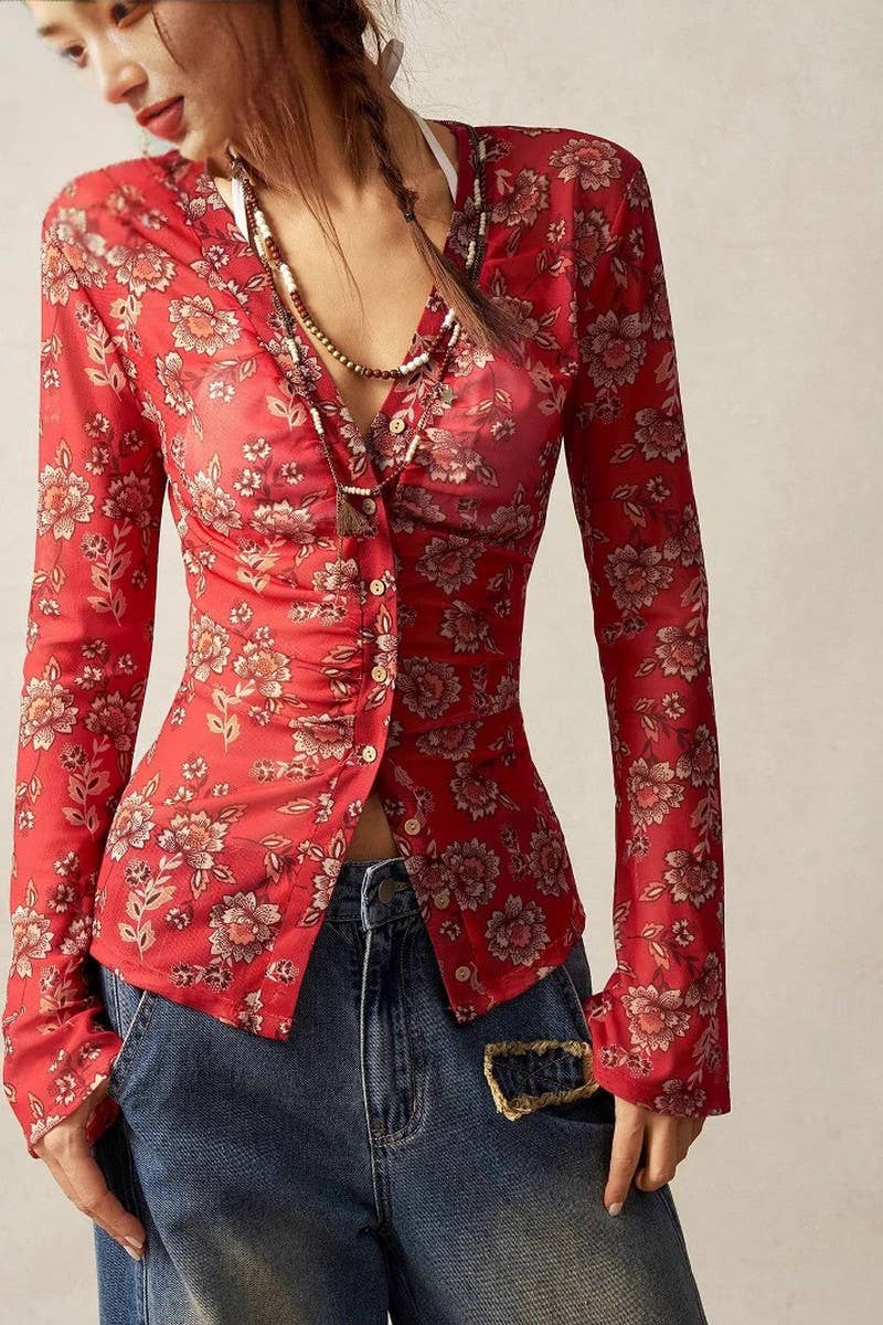 NINEXIS - Wholesale Blouse - Women's - CWTBLL3904_VINTAGE FIT FLORAL LONG SLEEVE BUTTON-DOWN SHIRT0