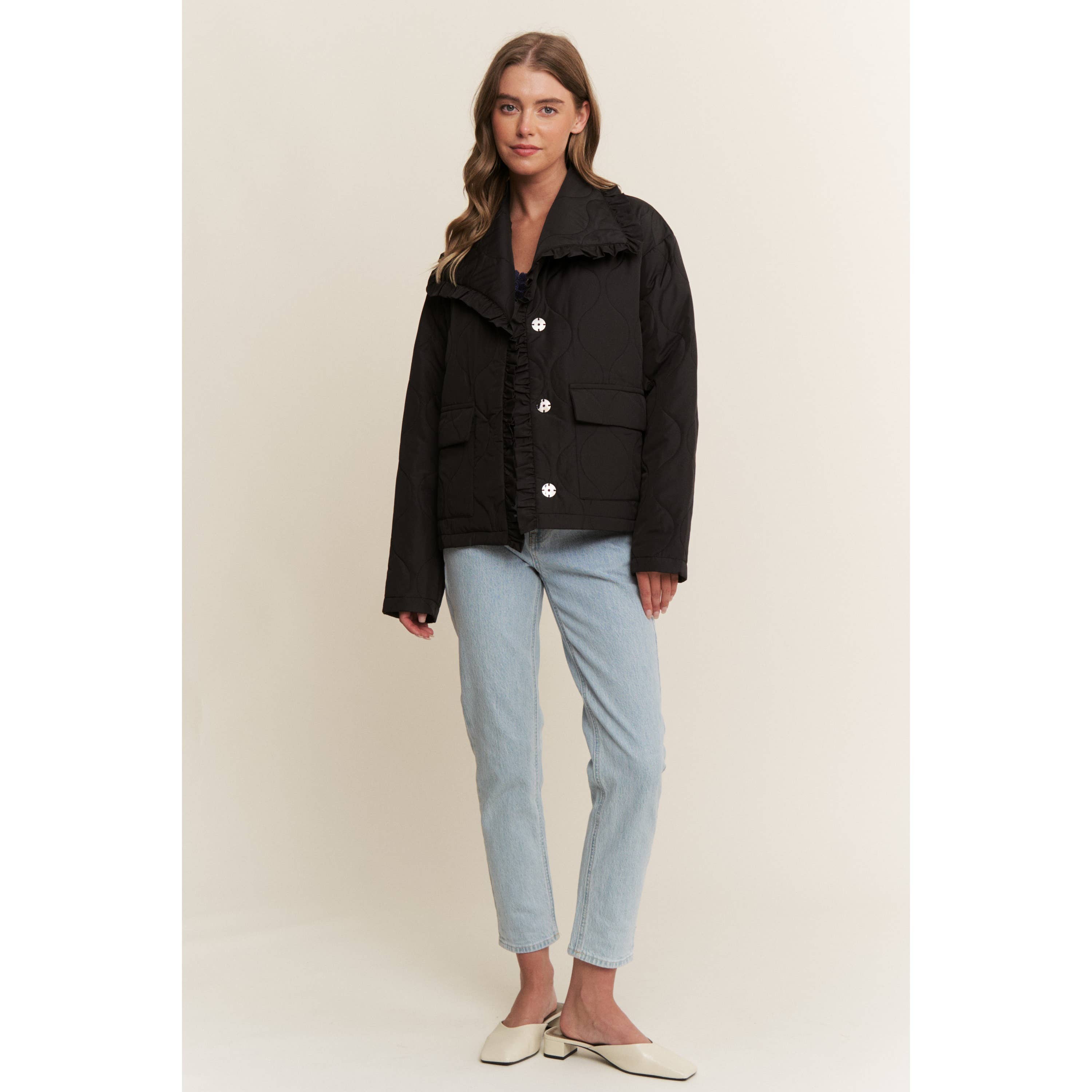 Sweet Generis - Wholesale Jacket - Women's - RUFFLE EDGE DETAIL QUILTED LOOSE FIT JACKET21