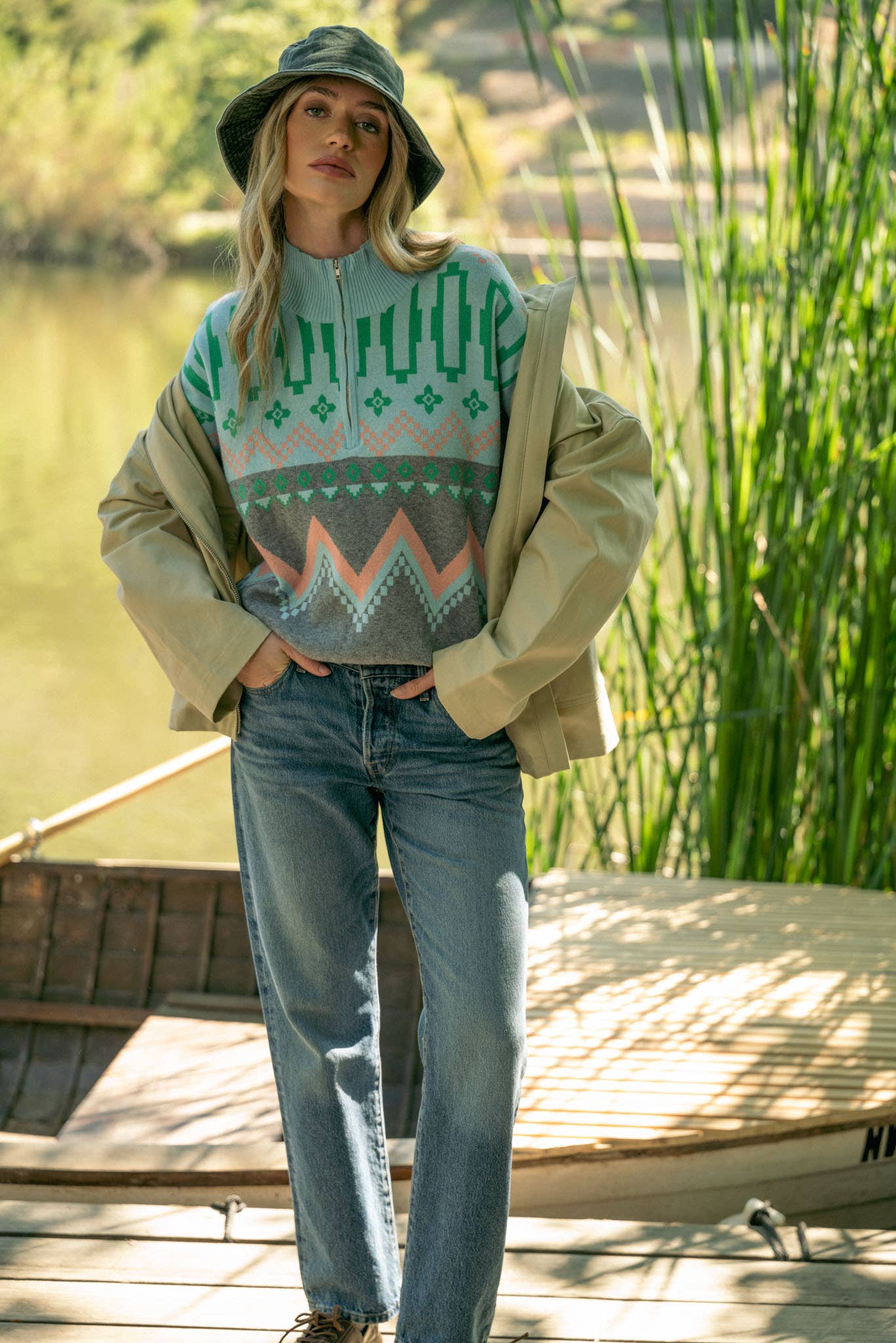 Burgundy Multi GEOMETRIC KNIT MOCK NECK HALF ZIP PULLOVER SWEATER MSW10885 for wholesale on Faire20