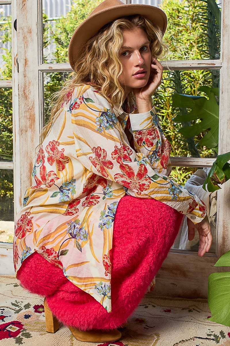 Pol Clothing - Vente Chemise à col boutonné – femme - Haut chemise tissé à manches longues imprimé floral3