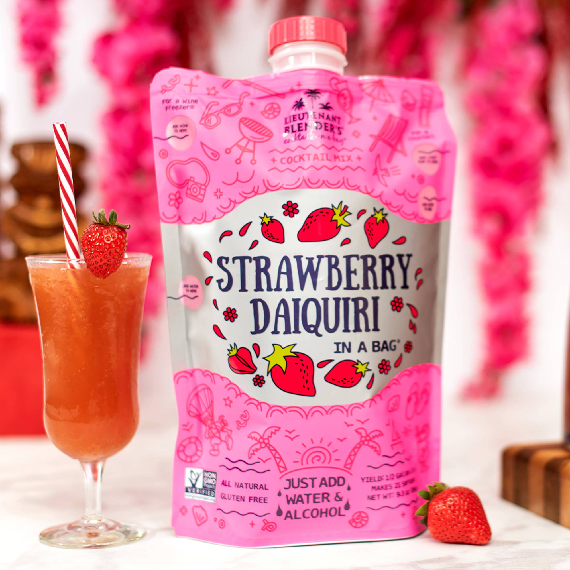 Lieutenant Blender's Cocktail Mixes - Wholesale Cocktail Mix/Syrup - Strawberry Daiquiri in a Bag Cocktail/Mocktail Slushie Mixer1