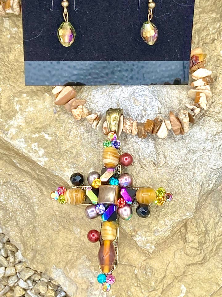 Gemstone Chip Necklace with Gemstone Cross Set for wholesale by Rebecca Ray Jewelry