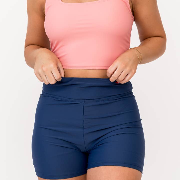 Seaside Navy High Waisted Boy Short Bottoms for wholesale by Coral Reef Swim