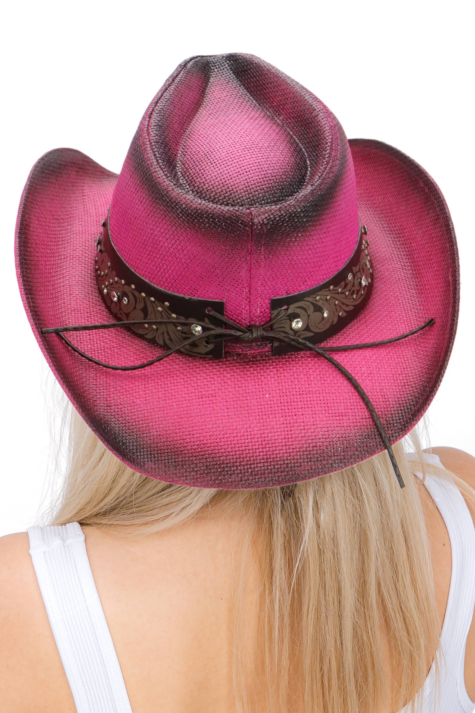 Cap Zone - Wholesale Cowboy Hat - Unisex - Heart Bling Rhinestone Belt Ombre Straw Cowboy Hat5
