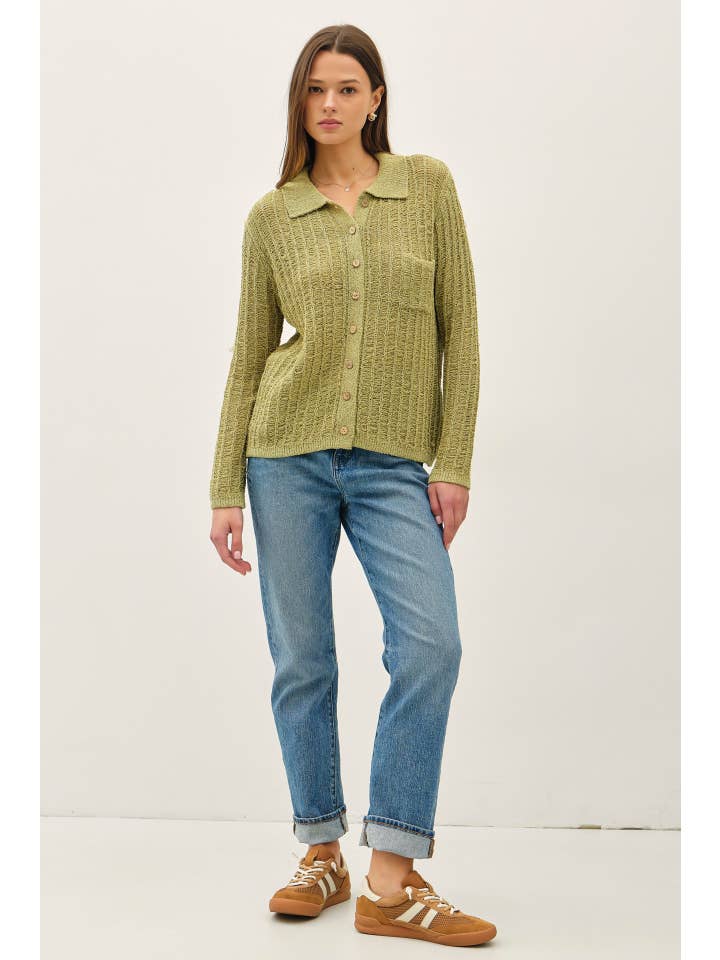 Be Cool - Wholesale Cardigan - Women's - BREEZY TEXTURED KNIT BUTTON UP COLLARED CARDIGAN 7