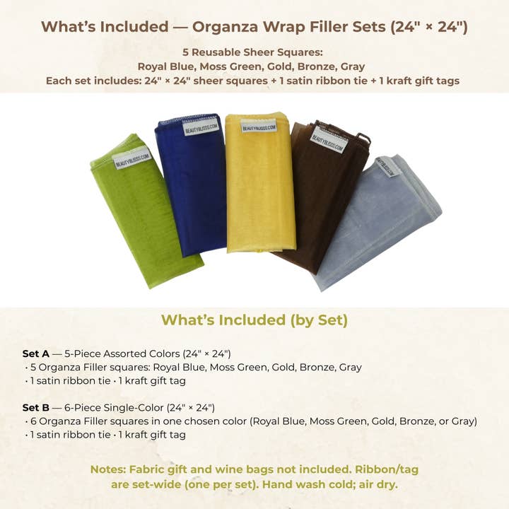 Beauty Blisss - Wholesale Gift Bag Set/Pack - Organza Gift Wrap Fillers – 24" Squares, 5pc & 6pc Sets2