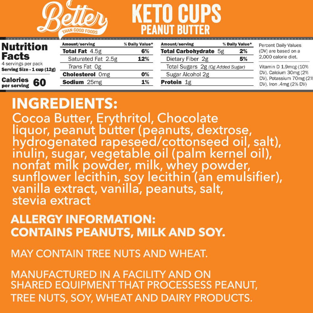 Better Than Good Foods - Wholesale Chocolate-covered sweets - BTG Keto Chocolate Peanut Butter Cups (4 pieces) 1.69 oz3