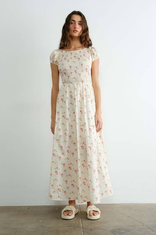 Cream MD2220 Floral Smocked Top Piecing Maxi Dress
 for wholesale on Faire5