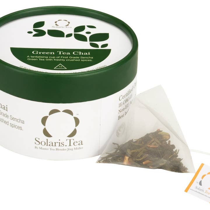Ekologisk grönt te chai cylinder 15x2g biologiskt nedbrytbar pyrami för wholesale av Solaris Tea / Good Earth Goods e.K.