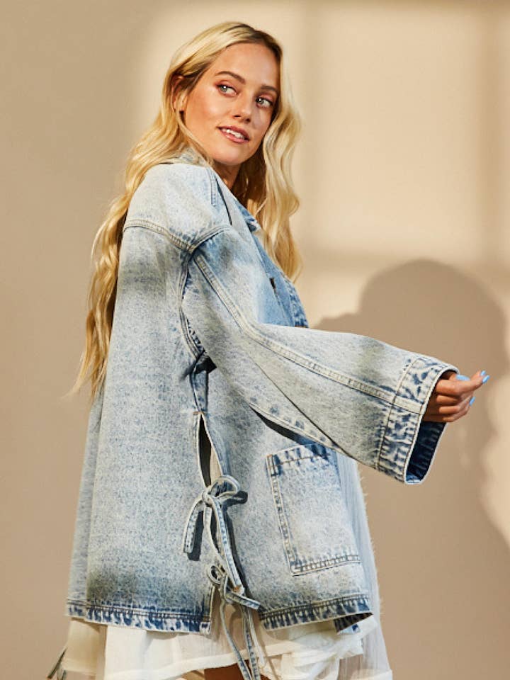 BOHO SIDE TIE DETAIL OVERSIZED DENIM JACKET 6439JIA for wholesale on Faire