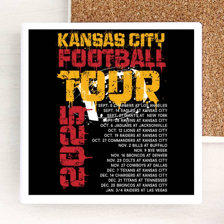 KC Chiefs Football 2025 Tour Ceramic Coaster for wholesale by Dogwood Graphics & Design