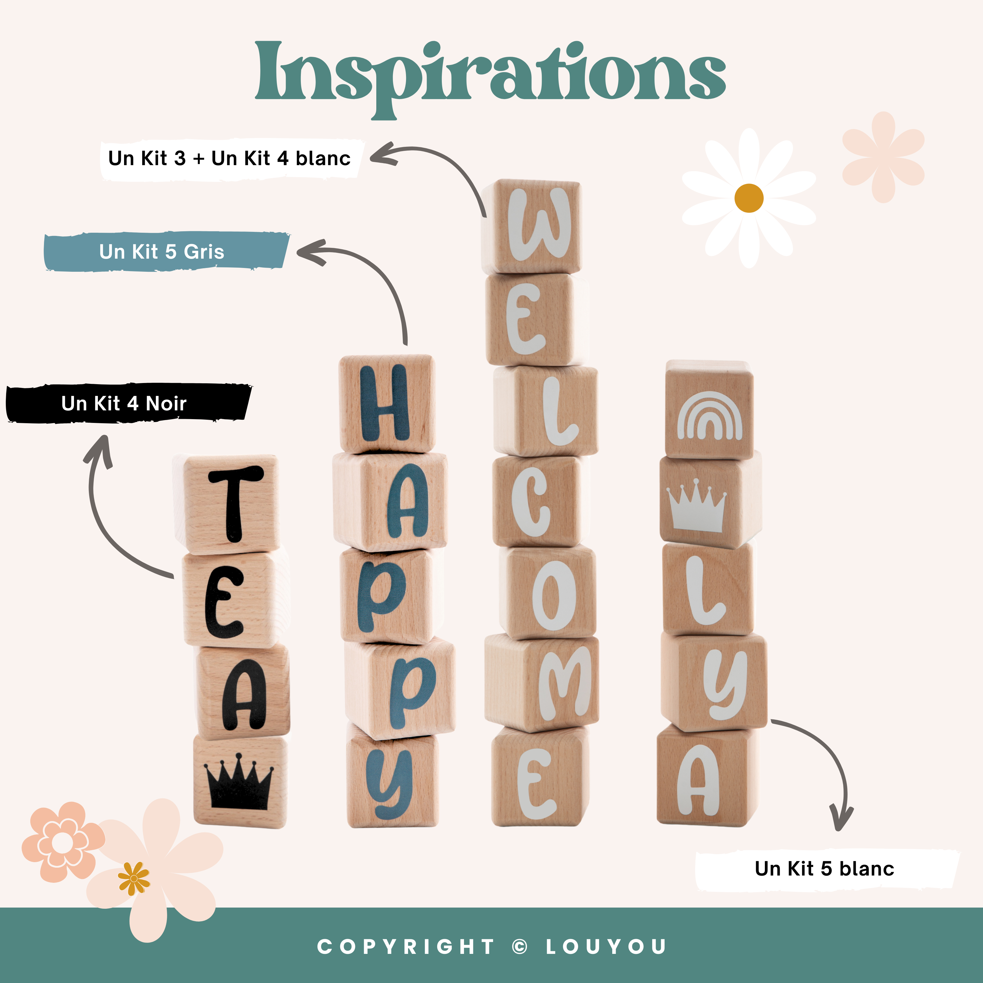 LouYou - Wholesale Christmas Decoration - Kids & Baby - 5 Beech Wood Cubes (5cm x 5cm) + 66 Gray Stickers11