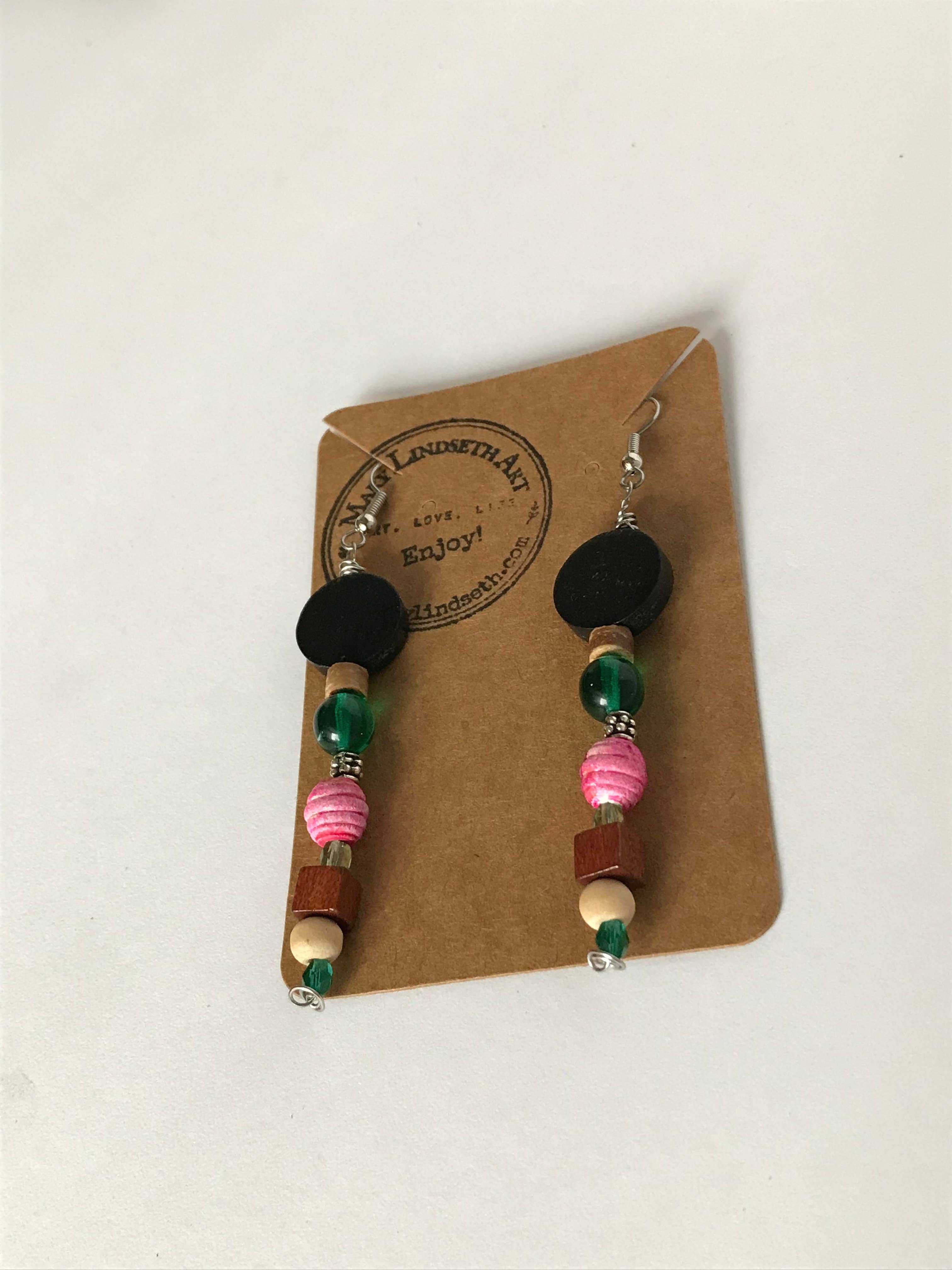 Mary Lindseth Art - Wholesale Dangle Earrings - “Ava” emerald green glass+ magenta bead earrings2