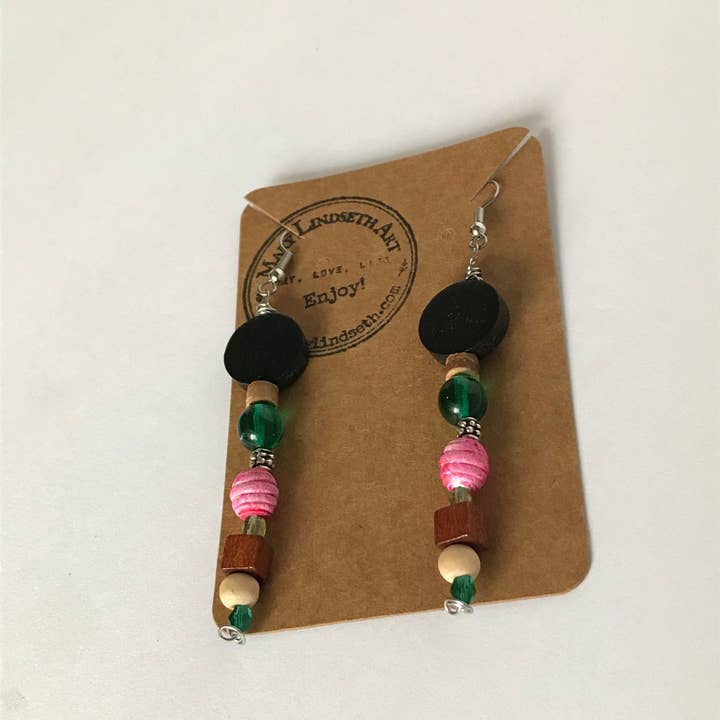 Mary Lindseth Art - Wholesale Dangle Earrings - “Ava” emerald green glass+ magenta bead earrings2