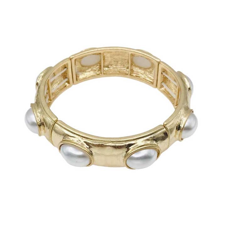 Pearl Oval Stone on Hammered Gold Stretch Bracelet for wholesale by What's Hot
