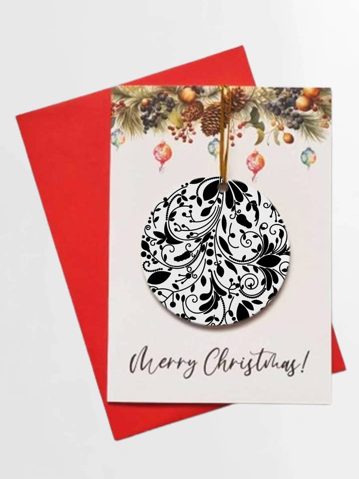 Merry Christmas floral monochrome Card + DETACHABLE BAUBLE for wholesale by Homemade Hollydays Wholesale