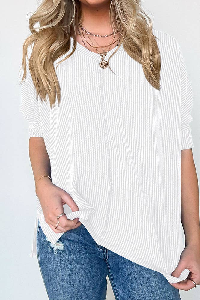 UNISHE - Vente Haut en maille – femme - Top texturé uni à manches chauve-souris à col en V ASJP0942