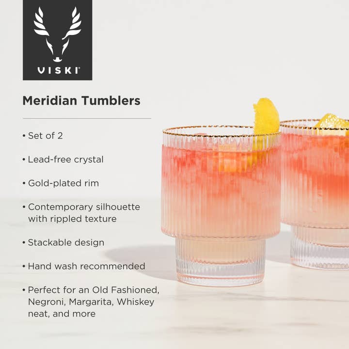 Viski - Wholesale Cocktail/Liquor Glass - Deco Meridian Gold-Rimmed Whiskey Crystal Tumblers