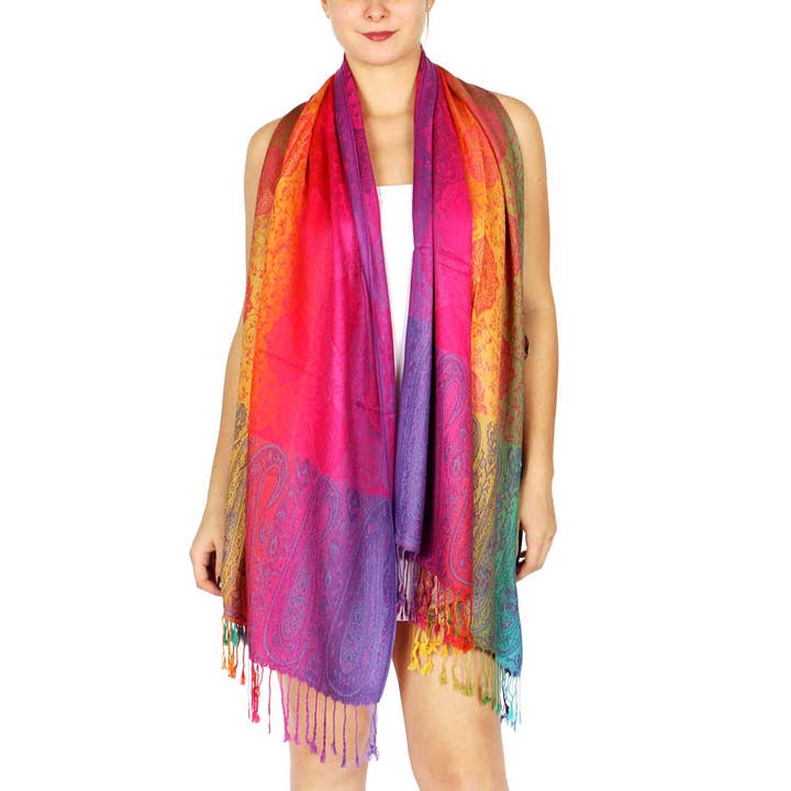SERENITA - Wholesale Scarf – Women's - Pashmina Scarf Paisley Rainbow Reversible Shawl Wraps 6 Pack1