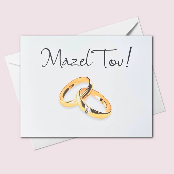 Carte de mariage juif – Mazel Tov avec anneaux en or pour la vente par Russell Jeffery Design by Off By Heart Design