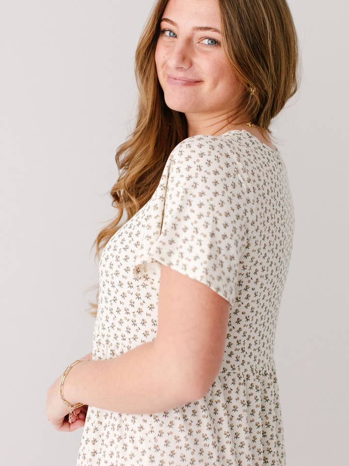 Ivory 'Shiloh' Ditsy Floral Ribbed Midi Dress for wholesale on Faire5
